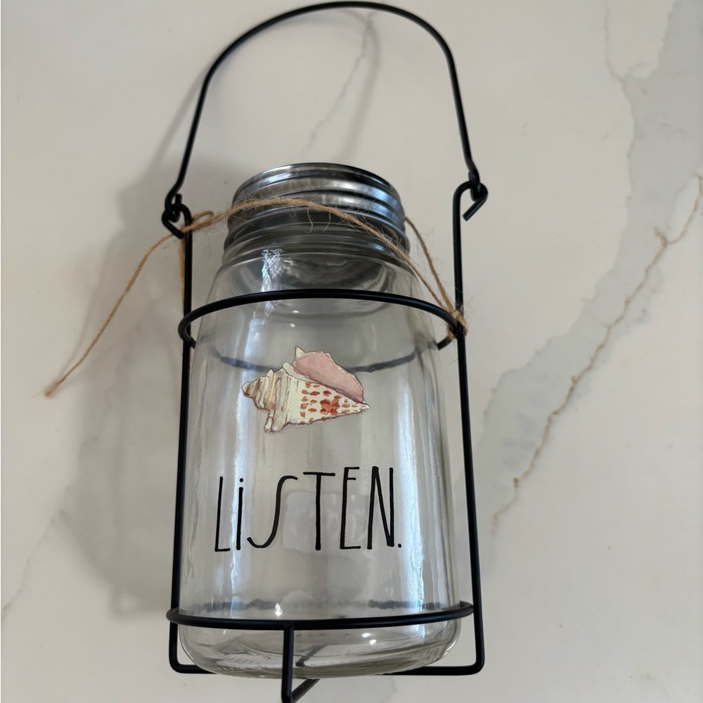 Rae Dunn "LISTEN" Glass Mason Jar Lantern with Seashell Design and Wire Hanger.